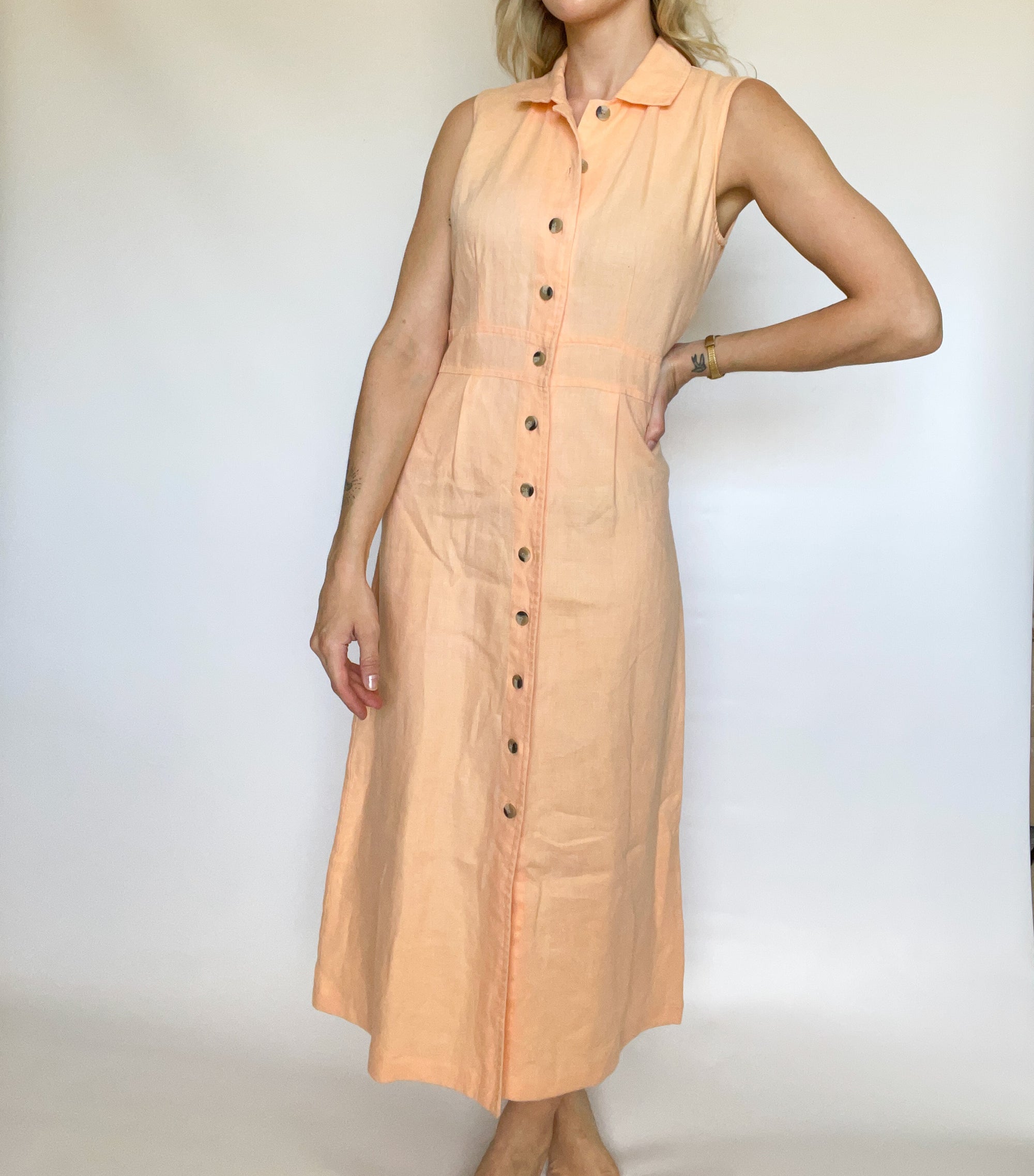 Peach Button Up Linen Dress