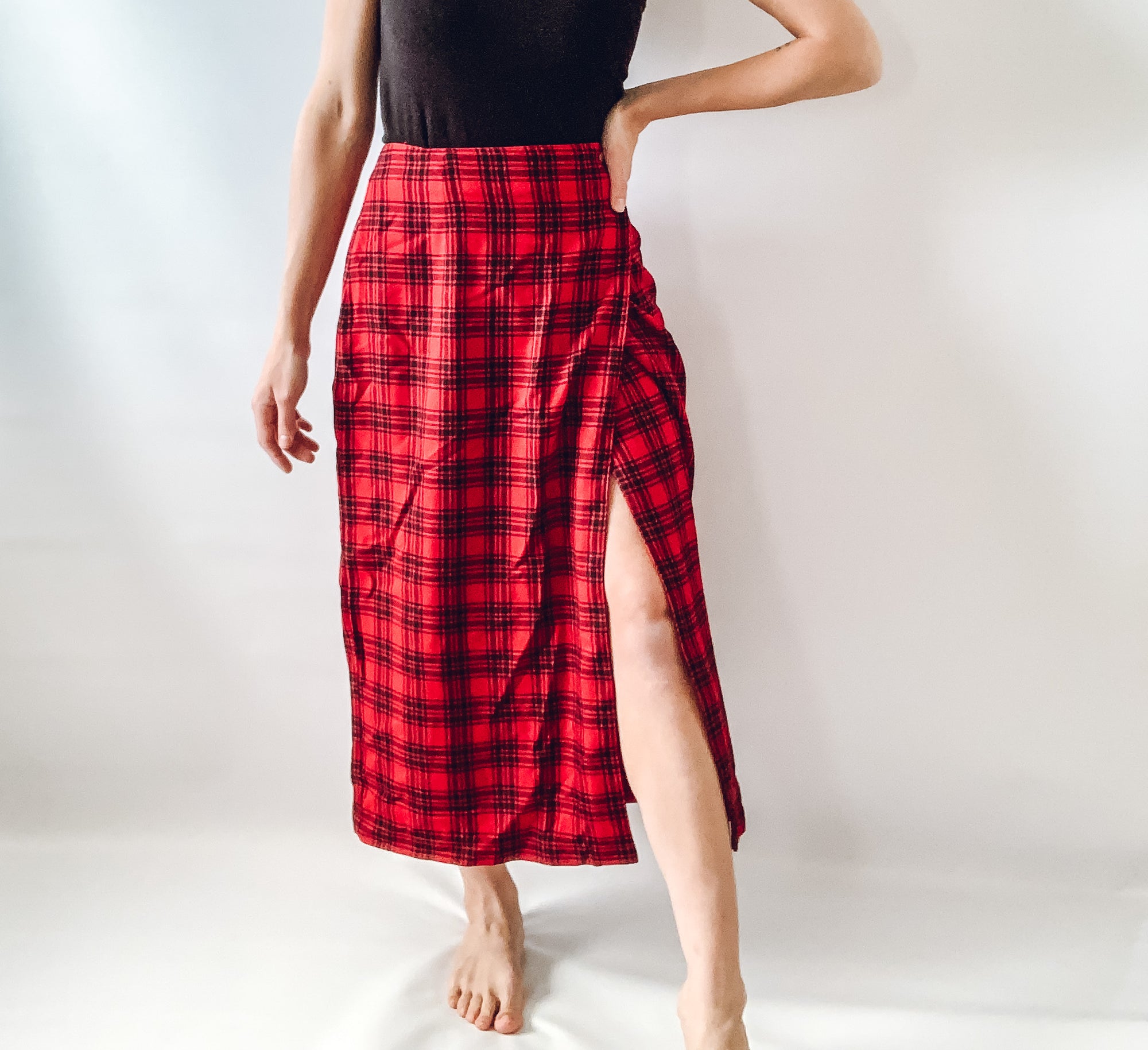 Long Red Plaid Skirt